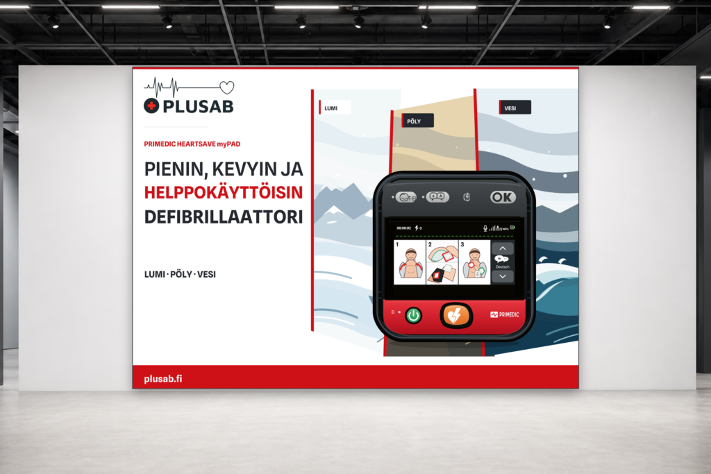 PlusABin 305 × 220 cm jumbobanneri messuosastolla: uudistettu myPAD-vektori kuvitetulla näytöllä sekä lumi-, pöly- ja vesiaiheet