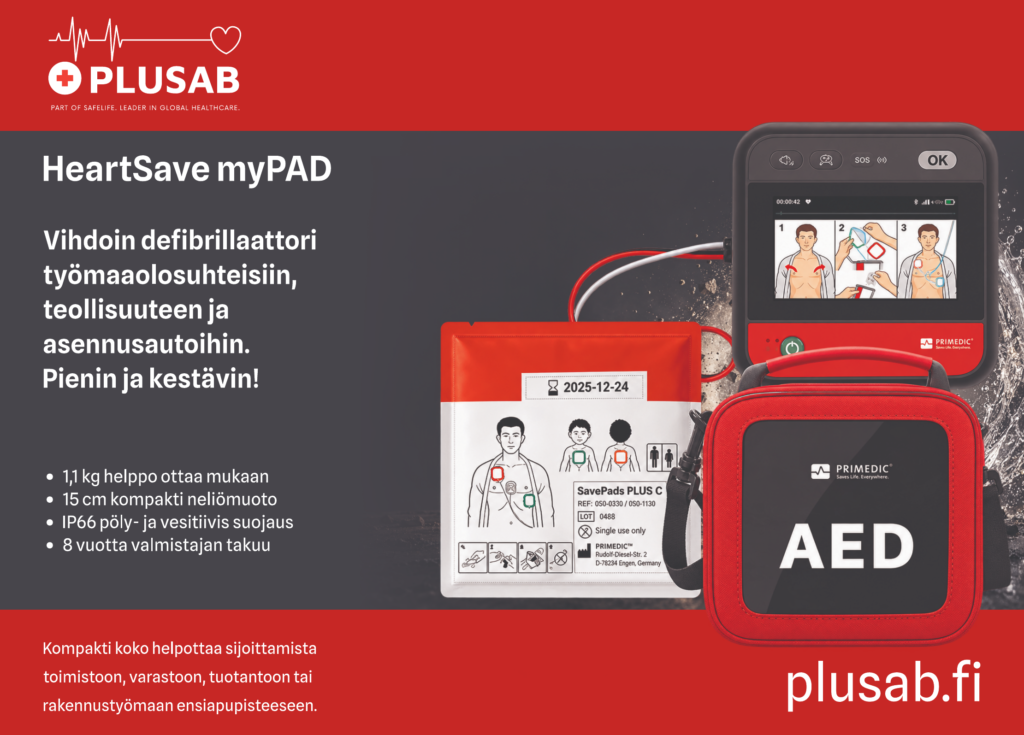 PlusAB HeartSave myPAD -puolen sivun mainos: defibrillaattori veden, pölyn ja kivien keskellä