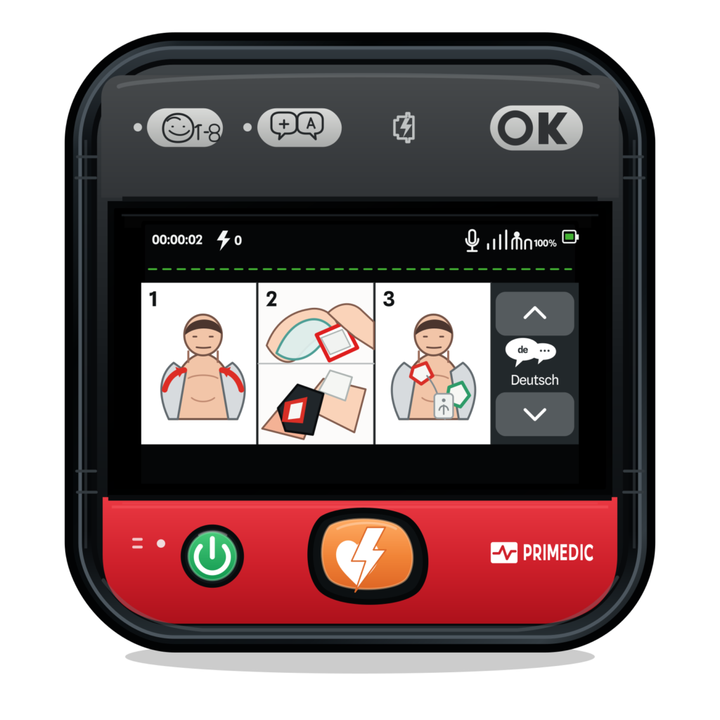 PRIMEDIC HeartSave myPAD -defibrillaattorin itsenäinen vektorikuva, jossa on kuvitettu näyttö ja läpinäkyvä tausta