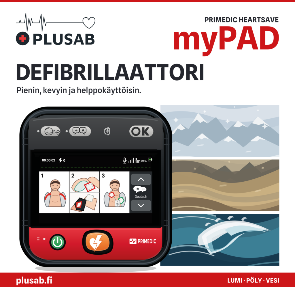 PlusABin 103 × 100 cm tiskigrafiikka: uudistettu HeartSave myPAD -vektori kuvitetulla näytöllä, PlusAB-logo sekä jumbobannerin lumi-, pöly- ja vesitaustat.