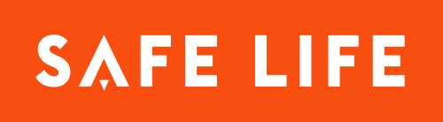 SafeLife-logo valkoisena oranssilla taustalla