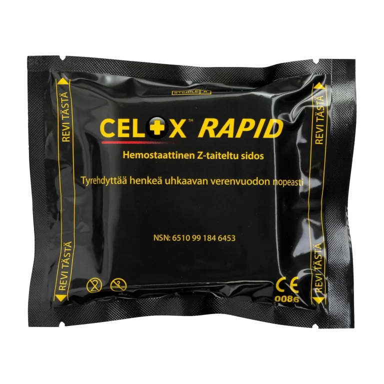 Celox Rapid hemostaatti pysäyttää runsaan verenvuodon nopeasti — chitosan-tekniikalla toimiva hätäensiapuaine vakaviin
