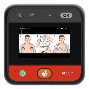 HeartSave myPAD -defibrillaattorin etunäkymä ja näytön ohjeistus