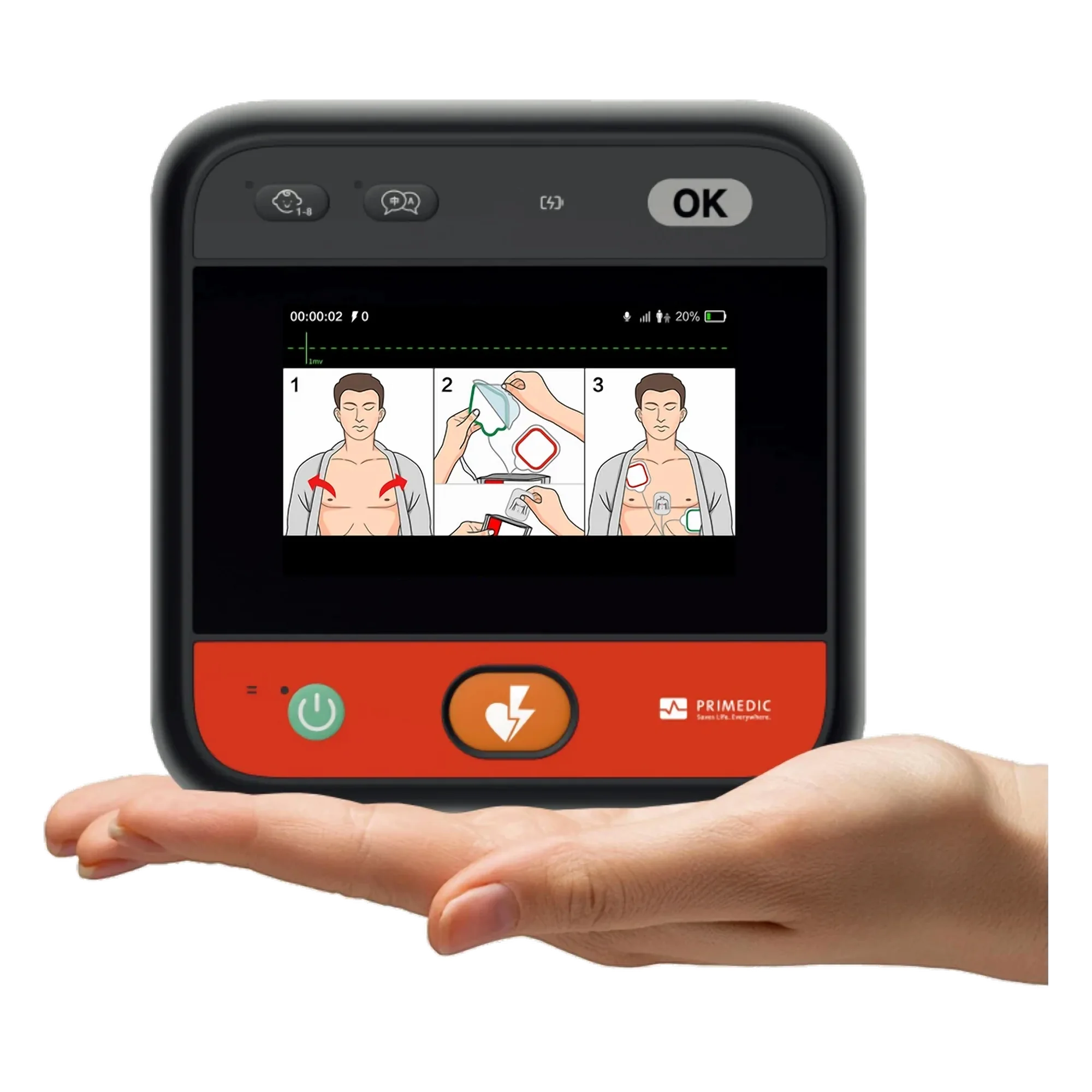 HeartSave myPAD -defibrillaattori kämmenellä