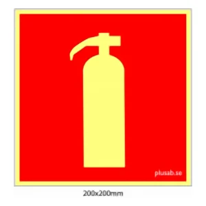Jälkivalaiseva palosammutinkyltti 200×200 mm merkitsee sammuttimen sijainnin savussa ja pimeässä. Pakollinen