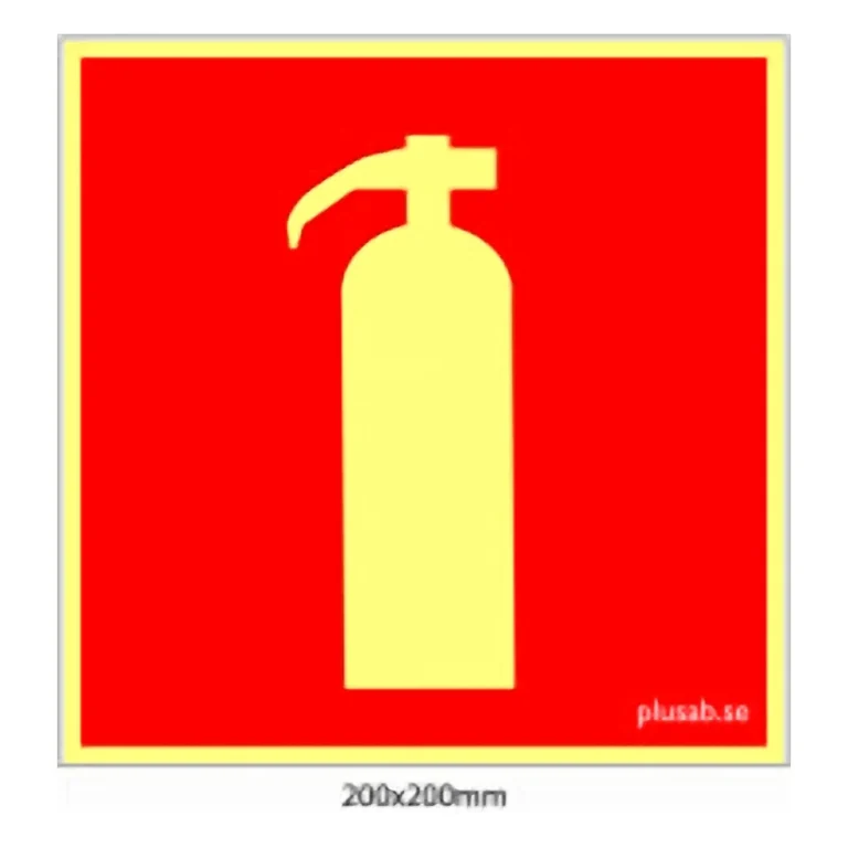 Jälkivalaiseva palosammutinkyltti 200×200 mm merkitsee sammuttimen sijainnin savussa ja pimeässä. Pakollinen