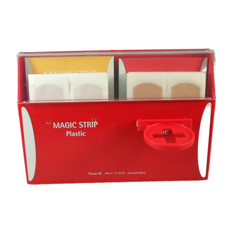 Magic-laastariautomaatti annostelee laastarit hygieenisesti yhdellä kädellä. Sopii keittiöihin, kouluihin ja toimistoihin