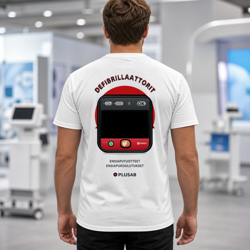 Valkoisen PlusAB-messupaidan selkäpainatuksen mockup myPAD-laitteella