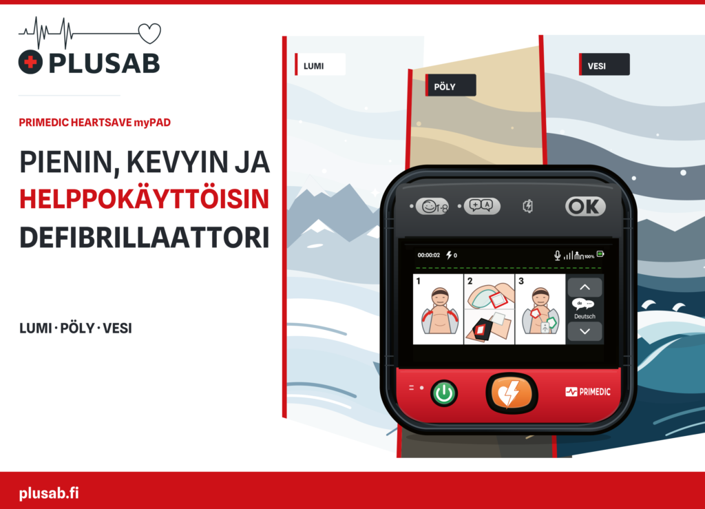 PlusABin 305 × 220 cm jumbobannerin suora taittonäkymä: uudistettu myPAD-vektori kuvitetulla näytöllä sekä lumi-, pöly- ja vesiaiheet
